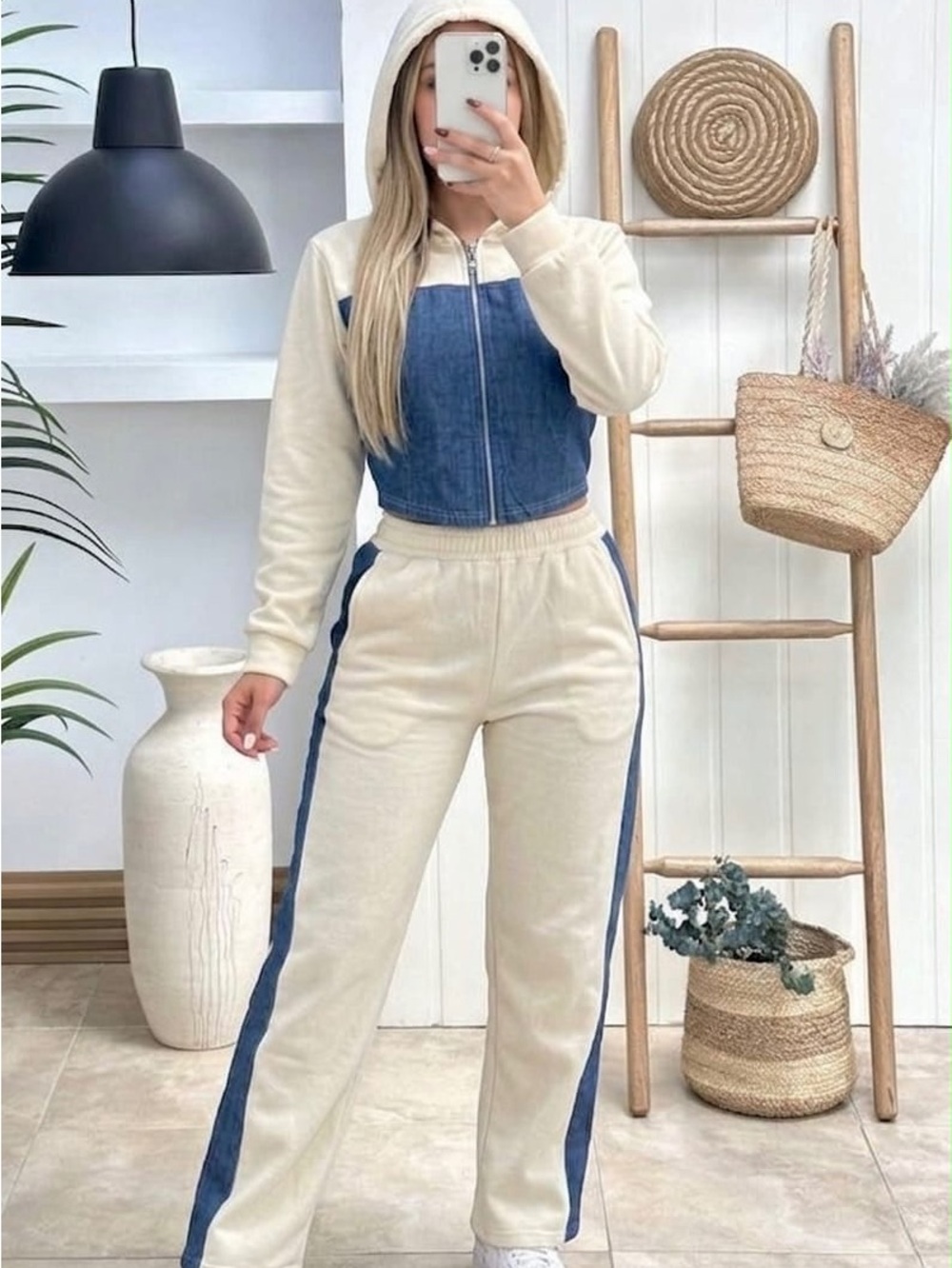 Casual Two-Tone Hooded Jumpsuit in Cream and Blue